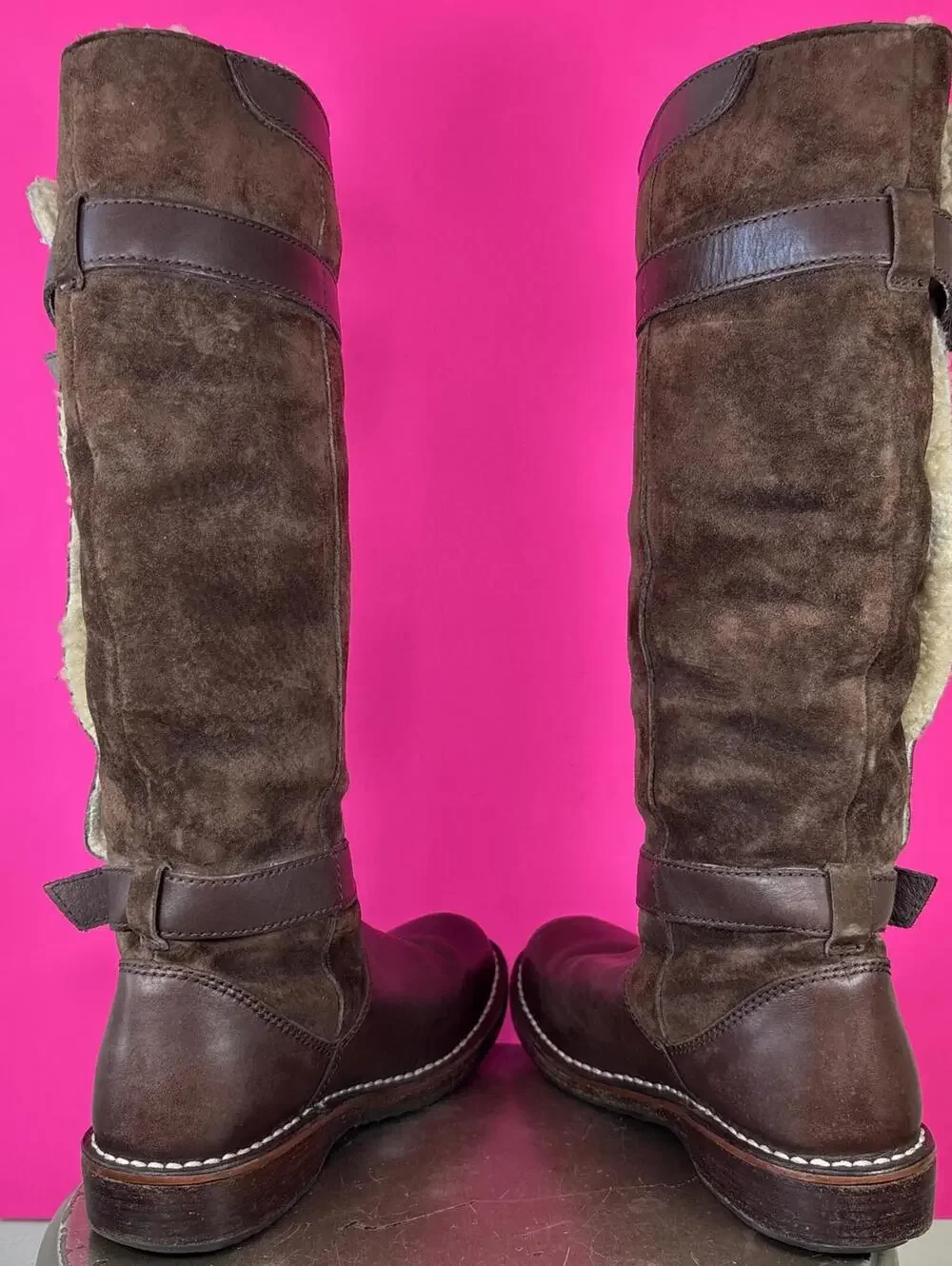 UGG Dunwich Brown Leather Suede Double Buckle Shearling Lined Tall Boot US 8